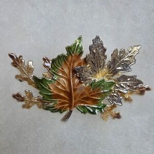 Mid Century Enamel Maple Leaf Women's Brooch Gold Silver Tone Autumn Colors 3D